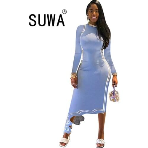 New fashion high street elegant bandage dress side striped patchwork o neck long sleeve sexy dress asymmetry midi dress