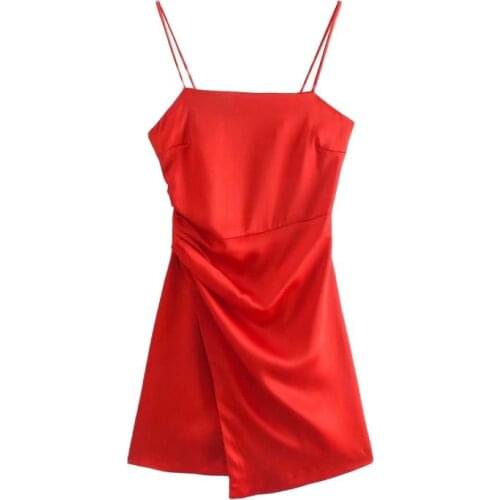 Women 2021 Summer Za Chic Fashion Solid Color Mini Dress Vintage Zipper Elastic Bust Thin Straps Female Dresses Vestidos Mujer
