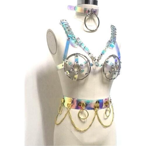 100% Handcrafted Holographic Caged Bra Big O-Round Choker Hologram Laser Top Bondage Waist Belt with Chains Metal