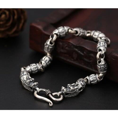 100% S925 Sterling Silver Six words Chain Bracelets Fine Jewelry Solid Thai Silver Dragon Clasp Men Vintage Bracelet