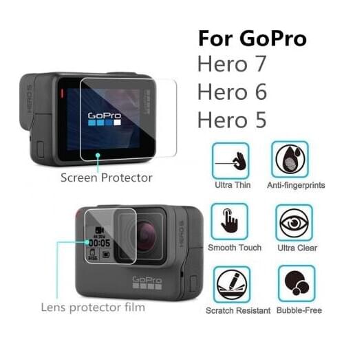 100PCS Tempered Glass for GoPro Hero 7 6 5 Camera LCD Screen Protector + Lens Cap Protective Film for Hero 5/6/7
