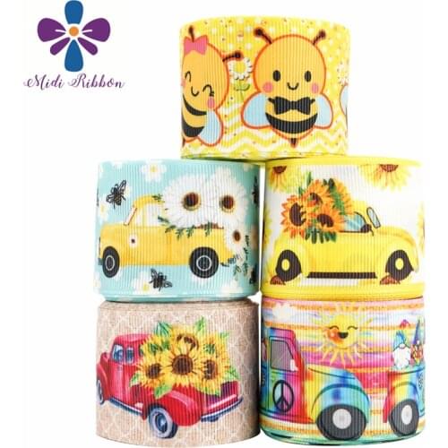 16mm-75mm Flower Rbbon Cartoon Bee&Sunflower Print Grosgrain Ribbon For Handmade Bow Material Print Elastic Band 50Yards