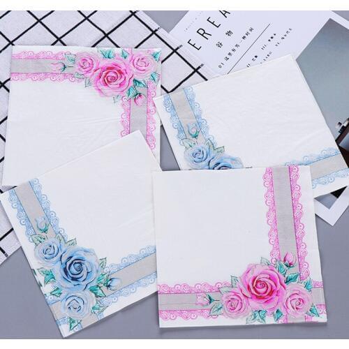 20 vintage napkin paper tissue pink blue flower rose handkerchief decoupage wedding party serviettes table decor tissue towel