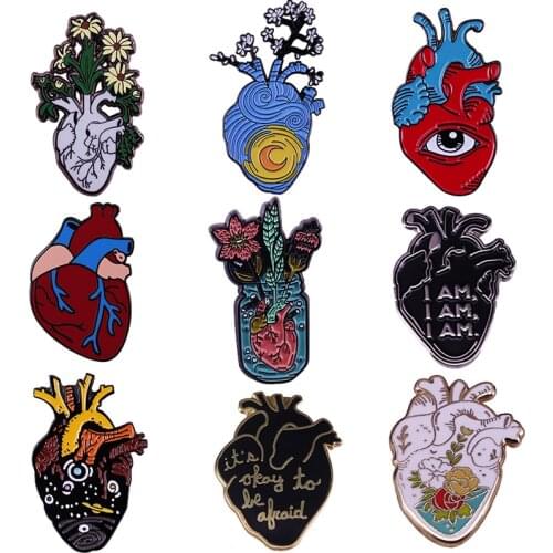 Anatomical Heart brooch Organ Flowers Pin Health Awareness Romantic Goth Art Starry Night badge Weird Doctor Nurse Gift