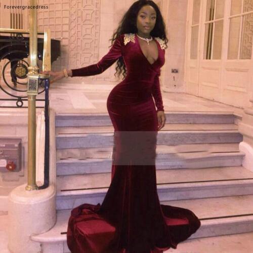 Burgundy Velvet Prom Dress Modest Arabic Africa V Neck Long Sleeves Appliqued Formal Party Gown Custom Made Plus Size