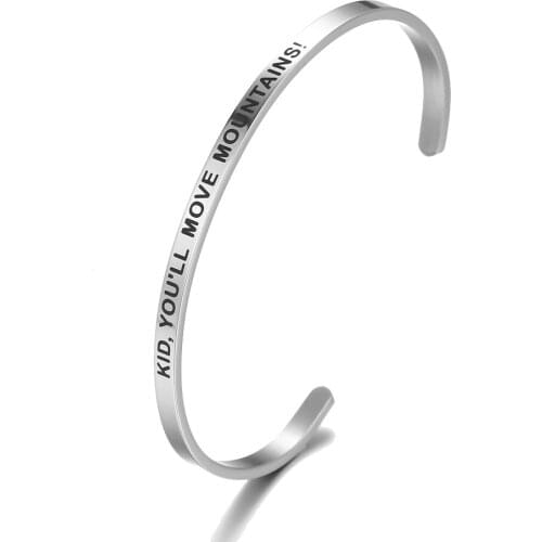 Stainless Steel Engraved KID YOU WILL MOVE MOUNTAINS Positive Inspirational Mantra Bracelet Cuff Bangle for Men Women Jewelry