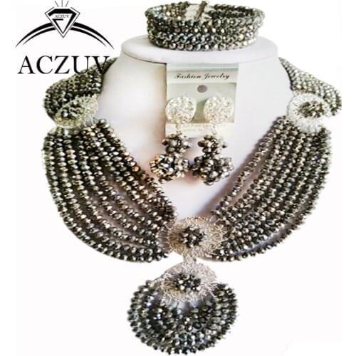 Brand ACZUV 18inches Handmade Women Bridal African Beads Jewelry Sets Silver Crystal AN048