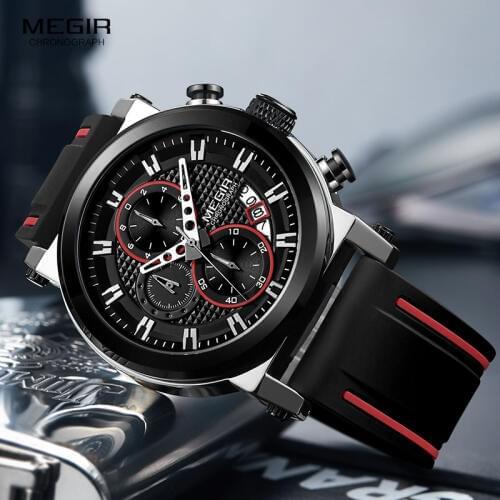 Megir 2019 New Mens Quartz Watches Silicone Sports Army Chroronograph 3bar Waterproof Wrist Watch Man Relogios Clock 2100 Black