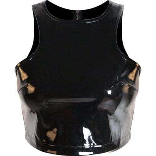 Black PU Leather Zipper Back Short Top Women Slim Cropped Top Wetlook Latex Clubwear Party Sexy Tank Top