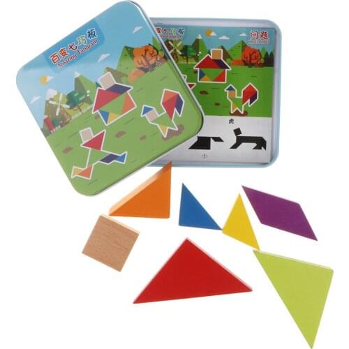 Kids Wooden Intelligence Game Jigsaw Puzzle Metal Box Geometry Blocks Stacking Educational Toy Developmental - Tangram