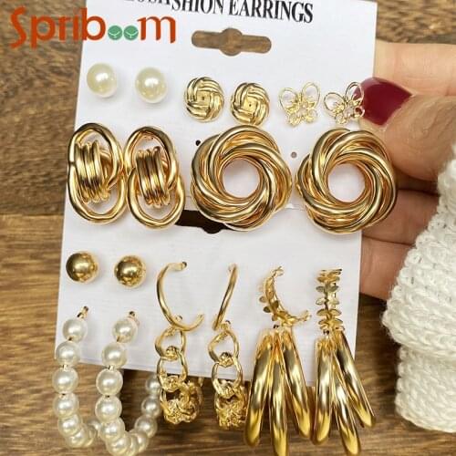 Geometric Drop Earrings Set for Women Geometric Gold Metal Pearl Dangle Earring Trend Jewelry Punk Accessories Party Female Gift
