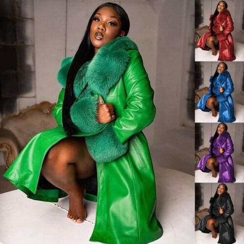 High Street PU Leather Jacket Women Fashion Thicken Keep Warm Autumn Winter Hot Sale Fur Collar Single-breasted Long Sleeve