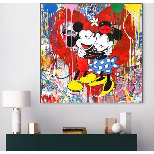 Disney Graffiti Art Mickey and Minnie Hugging Canvas Painting Prints and Posters Abstract Wall Art Picture for Living Room Decor