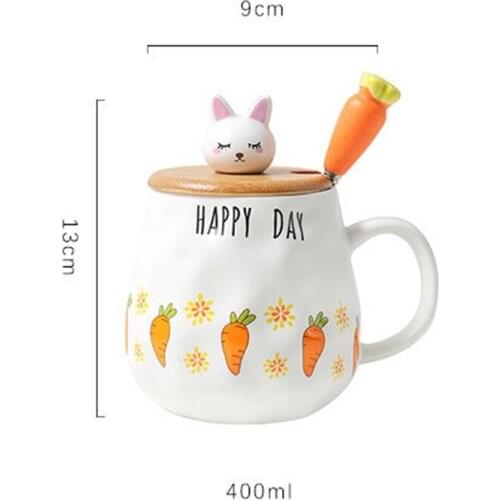 Cartoon Radish Rabbit Wooden Cover Ceramic Cup Female Cute Spoon Water Mug Student Couple Cup Set Coffee Household Drinkware