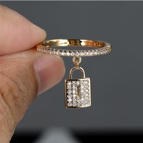 White Zircon Full Stone Ring Creative Small Lock Pendant Ring Classic Gold Silver Color Engagement Rings For Women Party Jewelry