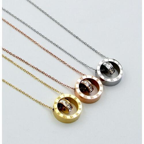 Fashion Stainless Steel Love Roman Numerals Round Crystal Pendant Necklaces Rose Gold Color Women Female Lady Party Gift