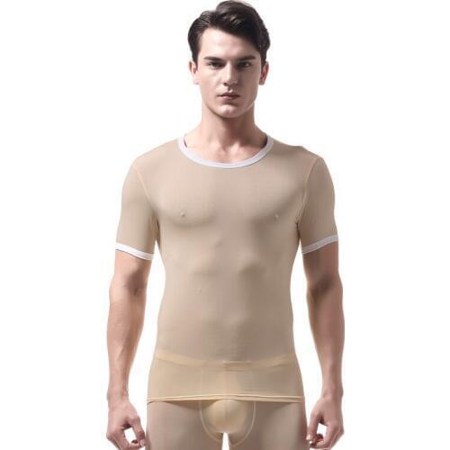 Men Undershirts Ultra-thin Cool Thermal Short Sleeves T Shirts Lingerie Transparent Top Tee Ice Silk Sleepwear Shirt Plus Size