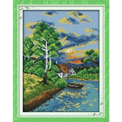 Sunset on the river cross stitch kit landscape14ct 11ct count printed canvas stitching embroidery DIY handmade needlework