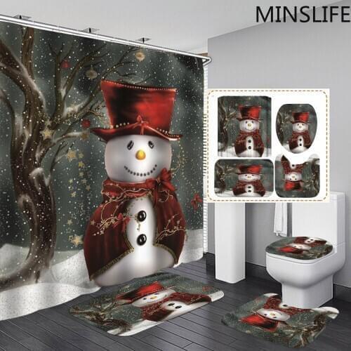Late-night Snowman Printed Waterproof Bath Shower Curtain Set Non-Slip Carpet Mat Floor Toilet Cover Home Bathroom Bathmat Rug