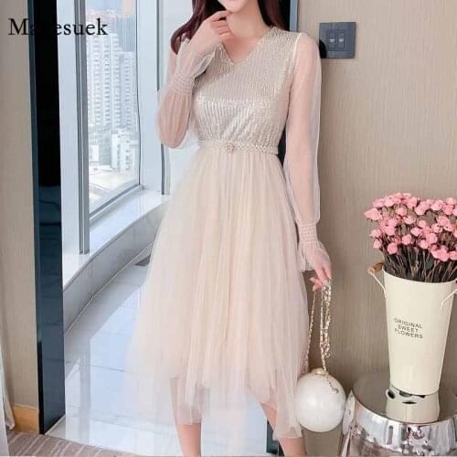 Autumn V-neck Mesh Sexy Dress Women New Sequined Fairy Elegant Dress Long Sleeve Women Dresses Evening Party Midi Vestidos 12028