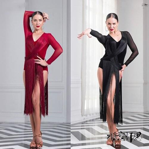 Latest Latin Dance Dresses For Ladies 3 Color Tassel Gauze S-XL Skirt Perform Women Feminine Ballet Square Dancing Clothes B056