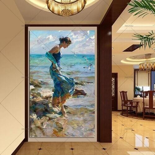 Beach woman 100% hand painted oil painting decorative painting living room bedroom Hotel character impression for Wall Decor