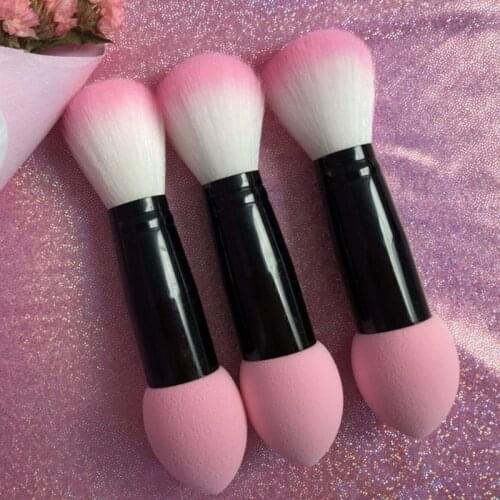 Professional blusher brush 2 heads Nylon Make up Brushes Two Head Metal Cosmetic Tools with Sponge Pink Color