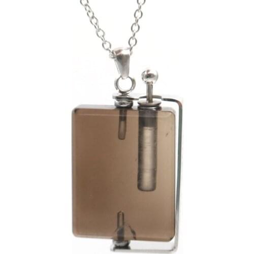 Silver Plated Rectangle Shape Smoky Quartzs Perfume Bottle Pendant Link Chain Necklace for Elegant Women Jewelry
