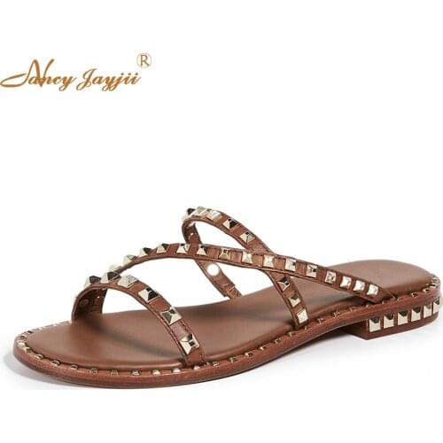 Rivet Slippers without Heels Gladiator Cross Straps Concise Simple Roman Sexy Vacation Fashion Women Shoes 2019 Customization