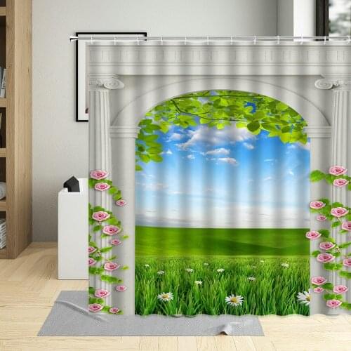 3D Creative Flower Arch Bridge Shower Curtain Design Style Natural landscape Pattern Waterproof Bathroom Washable With hook