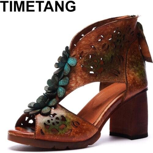 TIMETANG Genuine Leather 2020 New Summer Sandals City Heels Floral Zipper Retro National Style Shallow Women Shoes
