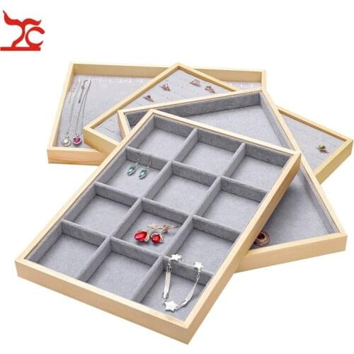 Solid Wood Necklace Jewelry Display Case Grey Velvet Ring Earrings Organizer Box Watch Bracelet Jewelry Display Tray