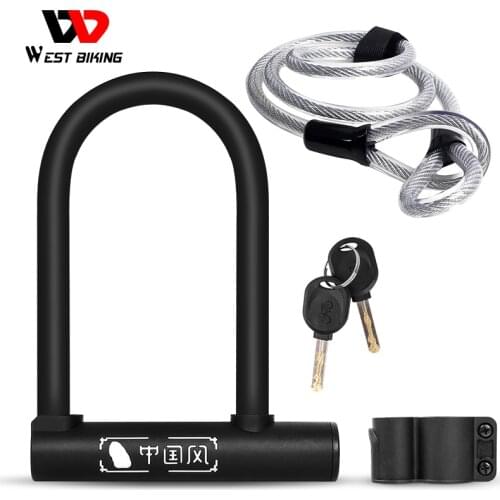 WEST BIKING Bicycle U Lock Anti-theft Steel Cable Security Locks MTB Motorcycle Lock Electric Bicycle Accessories With Two Keys