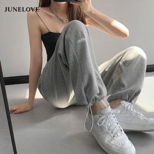 JuneLove Spring Women Sports Casual Cotton Trousers Vintage Female Elastic High Waist Loose Cargo Pants Jogging Pants Trousers