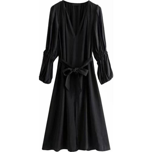 YENKYE Elegant Women Vintage Black Puff Sleeve Dress Female Sexy Cross V Neck Free Belt A-line Summer Vestido Plus Size