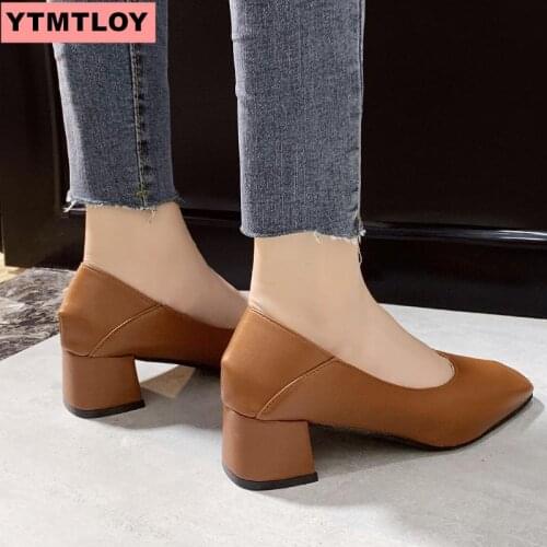 2019 ladies shallow mouth with thick heel womens shoes square toe high heels work pump comfortable ladies shoes sandals