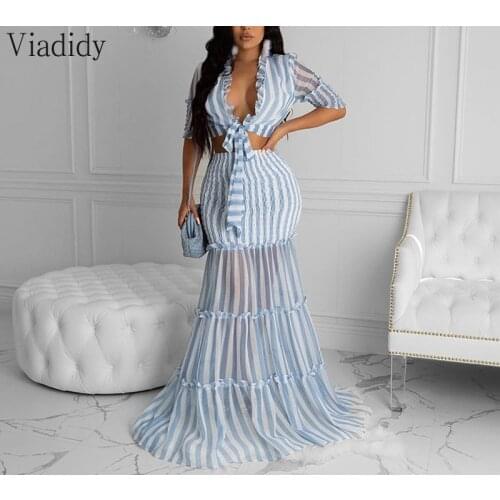 Women Half Sleeve Ruffles Tie Up Crop Top and Maxi Skirt Set Two Piece Elegant Dress Suits