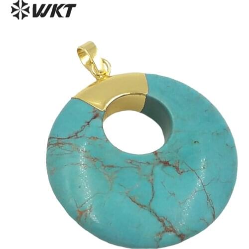 WT-P1374 Unique Design Donut Shape Pendant Sky Blue Natural Stone With Gold Trim Pendant In Top For Women Jewelry Making