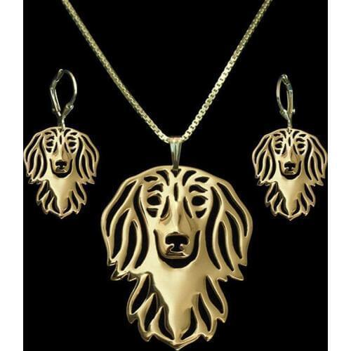 Womens Metal Pet Dog Jewelry Set Lovers' Alloy Long haired Dachshund Neckace And Earrings