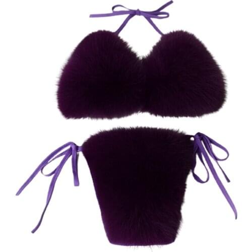 H9ED Women Sexy 2pcs Faux Fur Bikini Set Halter Triangle Bralette Swimsuit Tie Side Solid Color Plush Bathing Suit Clubwear