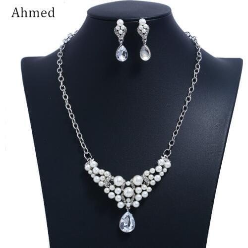 Ahmed Fashion Charm Jewelry Set for Women Simulated Pearl Wedding Necklace Crystal Earrings Women Bridal Jewelry Set Gifts