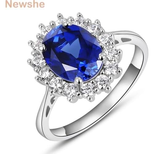Newshe Halo Wedding Ring For Women 2 Ct Blue Oval Cut AAA CZ Solid 925 Sterling Silver Trendy Jewelry Party Cocktail Ring