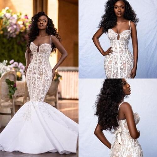 Gorgeous Mermaid Wedding Dresses 2020 Spaghetti Lace Floral Appliqued Boho Wedding Gowns Sweep Train Customize Vestidos De Novia