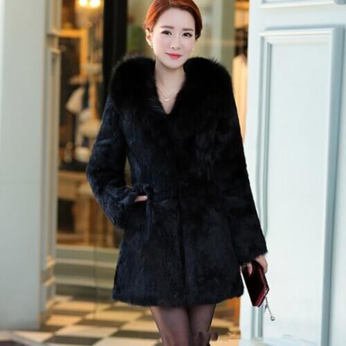 ENLU New Winter Coat Women 100% Fox Fur collar Coat Plus Size Women V-collar Long Sleeve rabbit Fur Jacket Fur