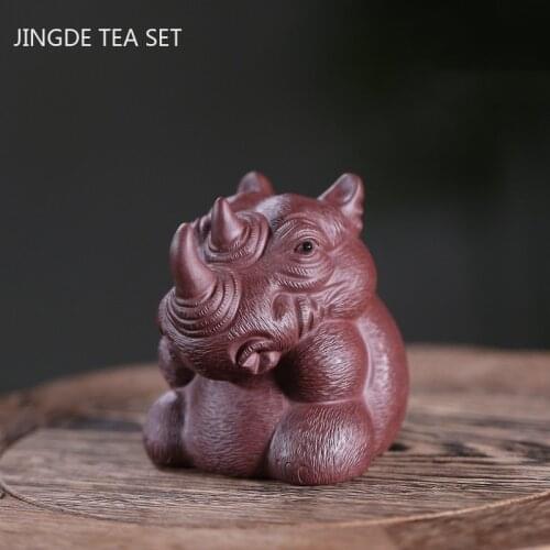 1PCS Chinese Boutique Purple Clay Tea Pet Hippo Statue Ornaments Desktop Handmade Tea Figurine Crafts Tea Table Decoration