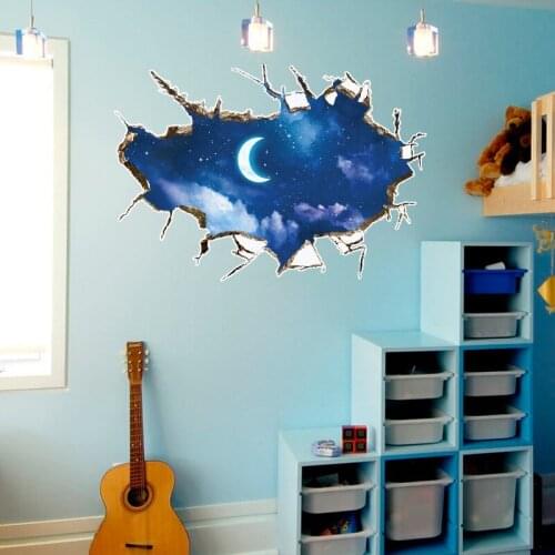 3D Moon Cartoon Wall Stickers For Kids Rooms Stars Outer Space Blue Sky For Bedroom Poster Mural School Decor