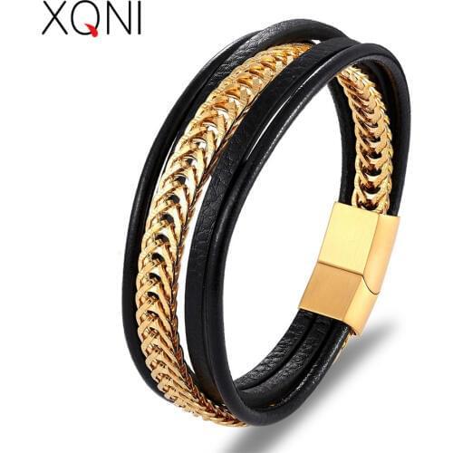 Luxury Punk Stainless Steel Chain Combination Leather Bracelet Multi-layer Accessories Personality Men Bracelet Collection Gift