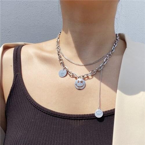 Goth Style Multilayer Smiley Pendant Necklaces for Women Ins Smiley Face Pendant Punk Neck Chain Jewelry 316L Stainless Steel