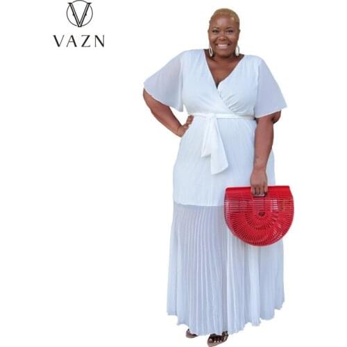 VAZN 2021 Autumn Plus Size High-end Chiffon White Sweet Young Sexy Short Sleeve Long Maxi Dress Women For Evening Robe