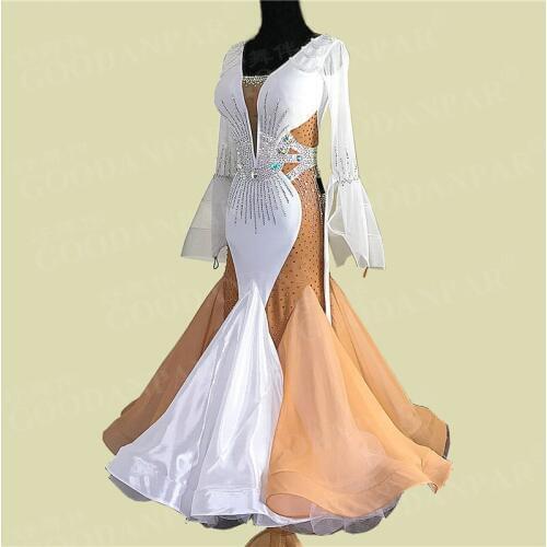 GOODANPAR Backless Lycra Organza Ballroom Dance Competition Dresses Women Ladies with bodysuit bra cup Waltz Standard Dance Wear